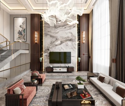 新中式别墅客餐厅3D模型下载